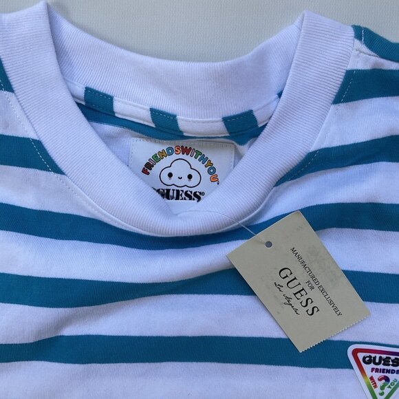 Guess Men’s FriendsWithYou Stripes T-Shirt Sort Sleeves Blue/White Size L - Picture 7 of 9